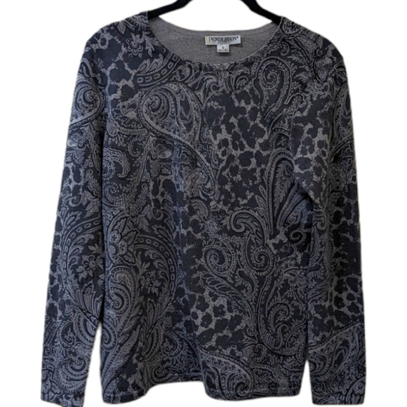 Pendleton Petite Grey & Black Merino Wool Paisley & Leopard Print Sweater (SP) - Picture 1 of 4